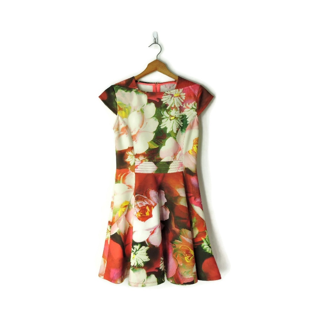 Ted Baker Dress Rose On Canvas Skater Neoprene Spring Summer Floral - Picture 2 of 6